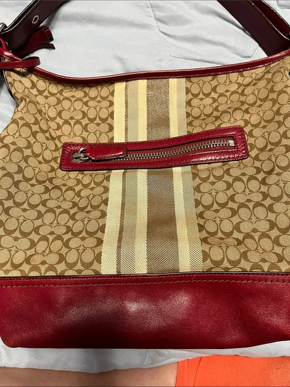 Coach Brown Signature Canvas Hobo with Red Leather Trim Large Legacy bag